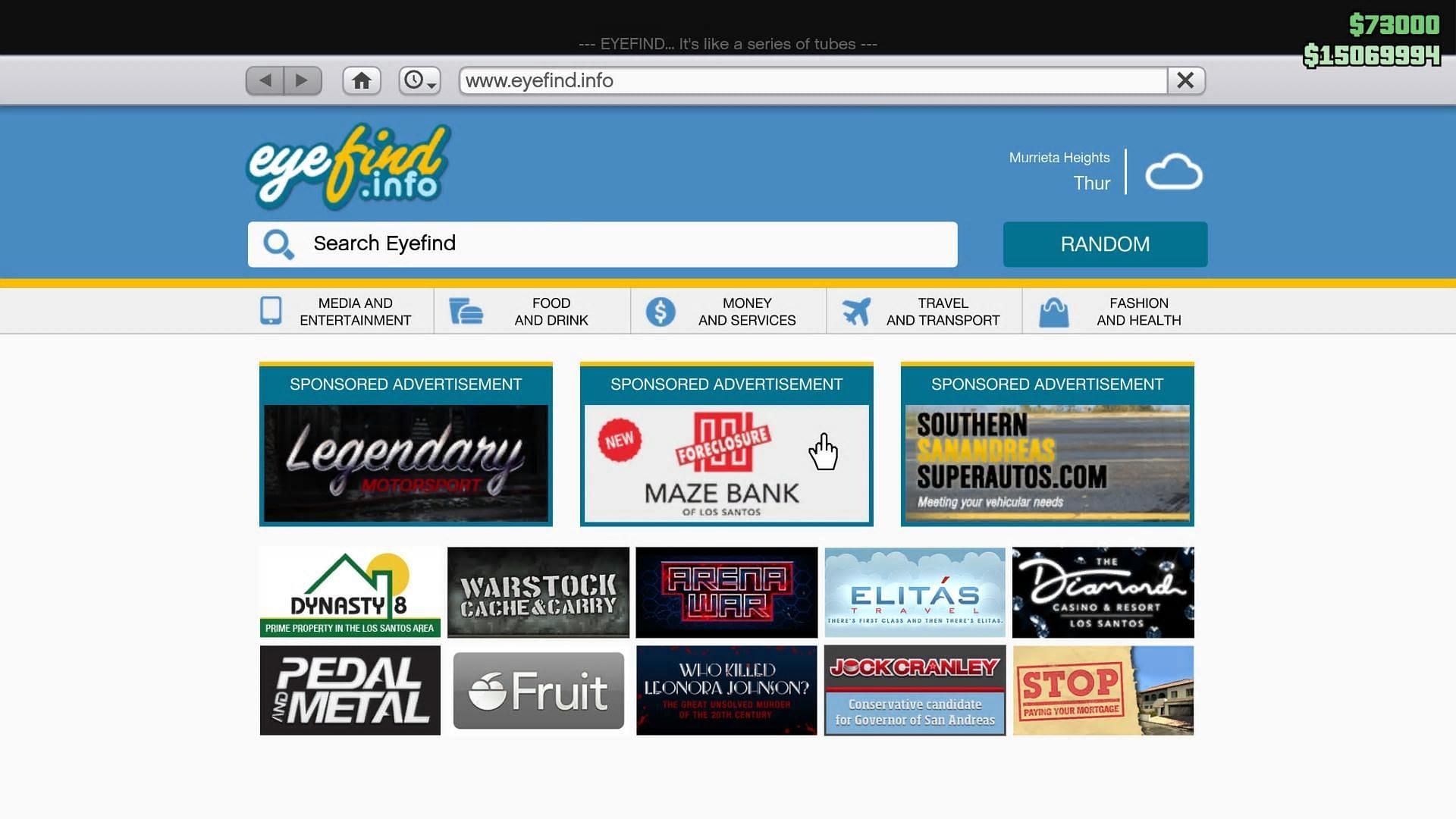 The Maze Bank Foreclosures website can usually be accessed from the web browser's home page (Image via Rockstar Games)
